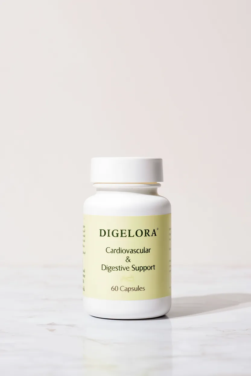 Digelora dietary supplement bottle containing 60 capsules for cardiovascular and digestive support
